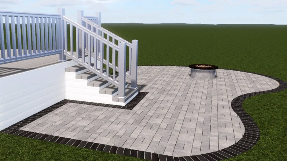 3D design rendering of a paver patio with fire pit and stair railing