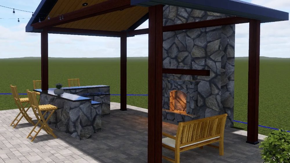 3D design rendering of a covered outdoor kitchen and bar with stone fireplace